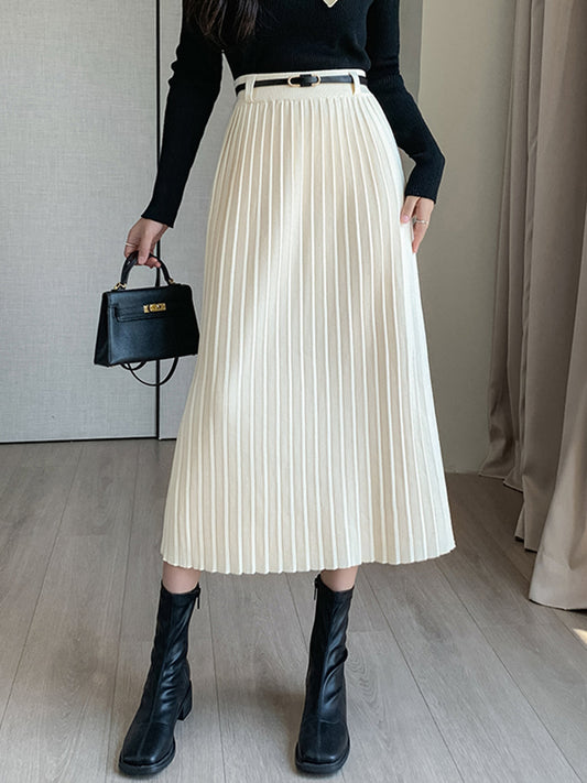 Pleated Sweater Skirt With Belt Shine Aura