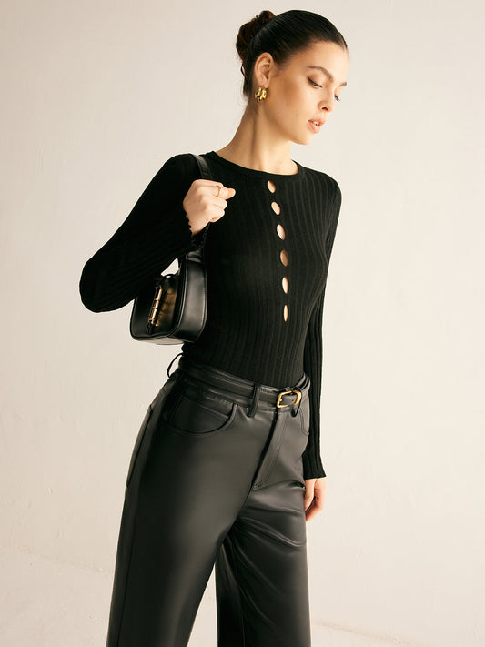 Round Neck Cut Out Detailed Tight Sweater 