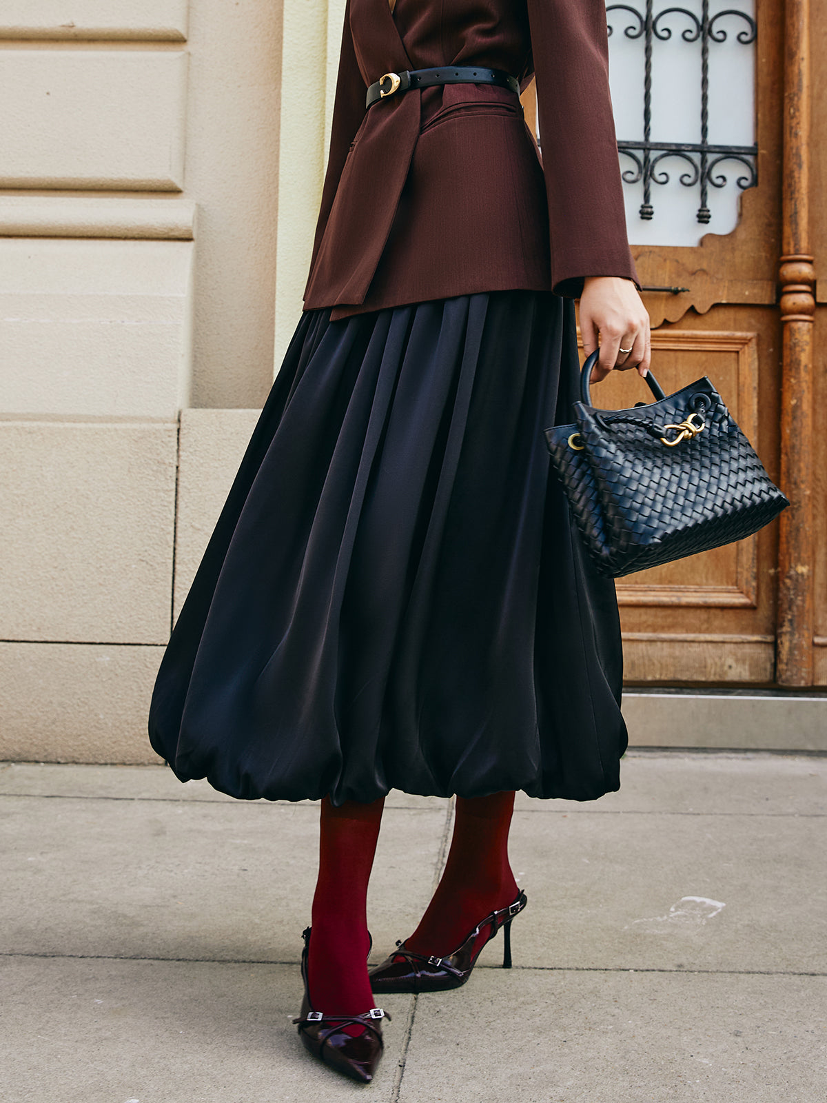 Bud Waist Pleated Satin Skirt Shine Aura