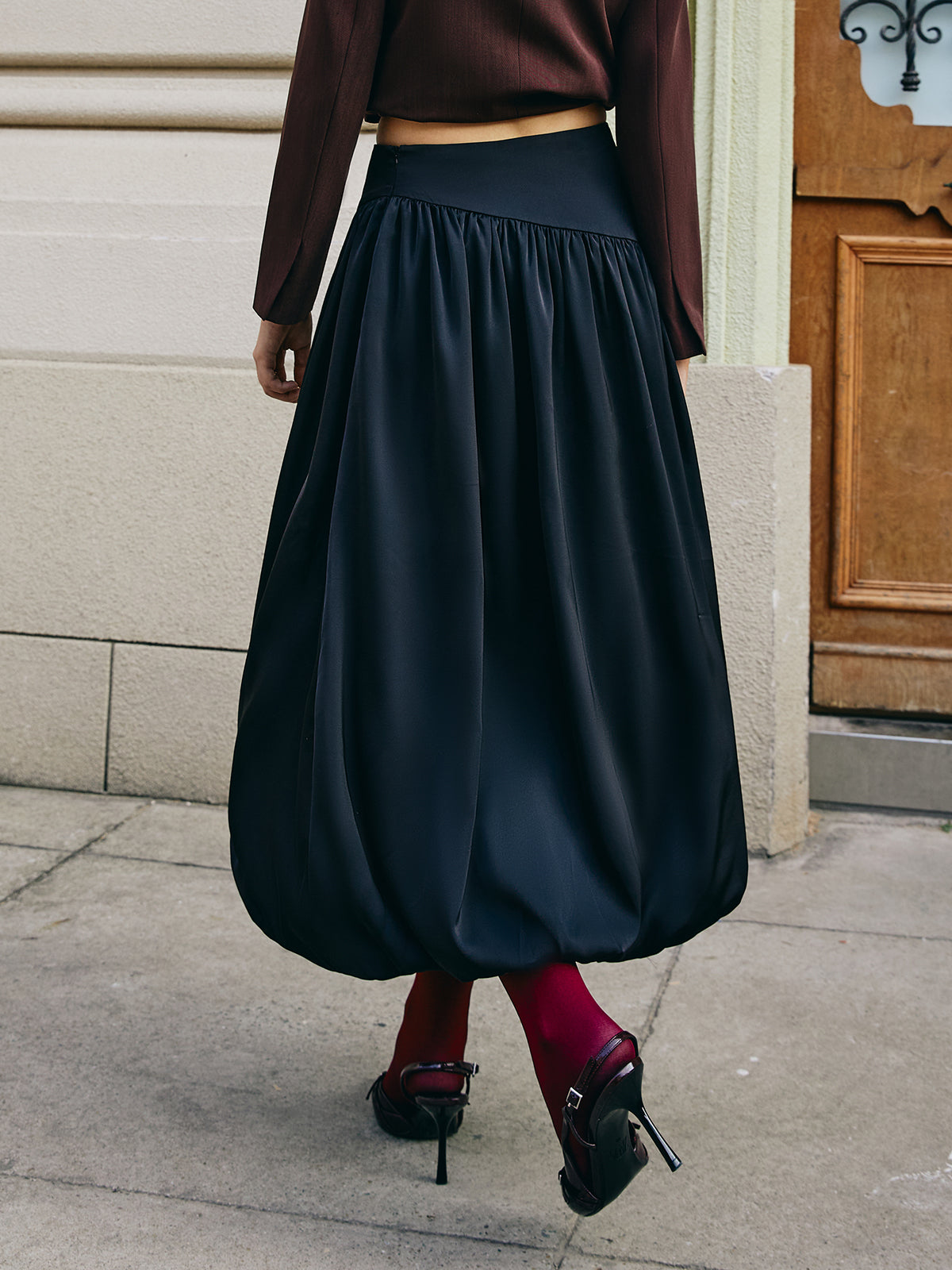 Bud Waist Pleated Satin Skirt Shine Aura