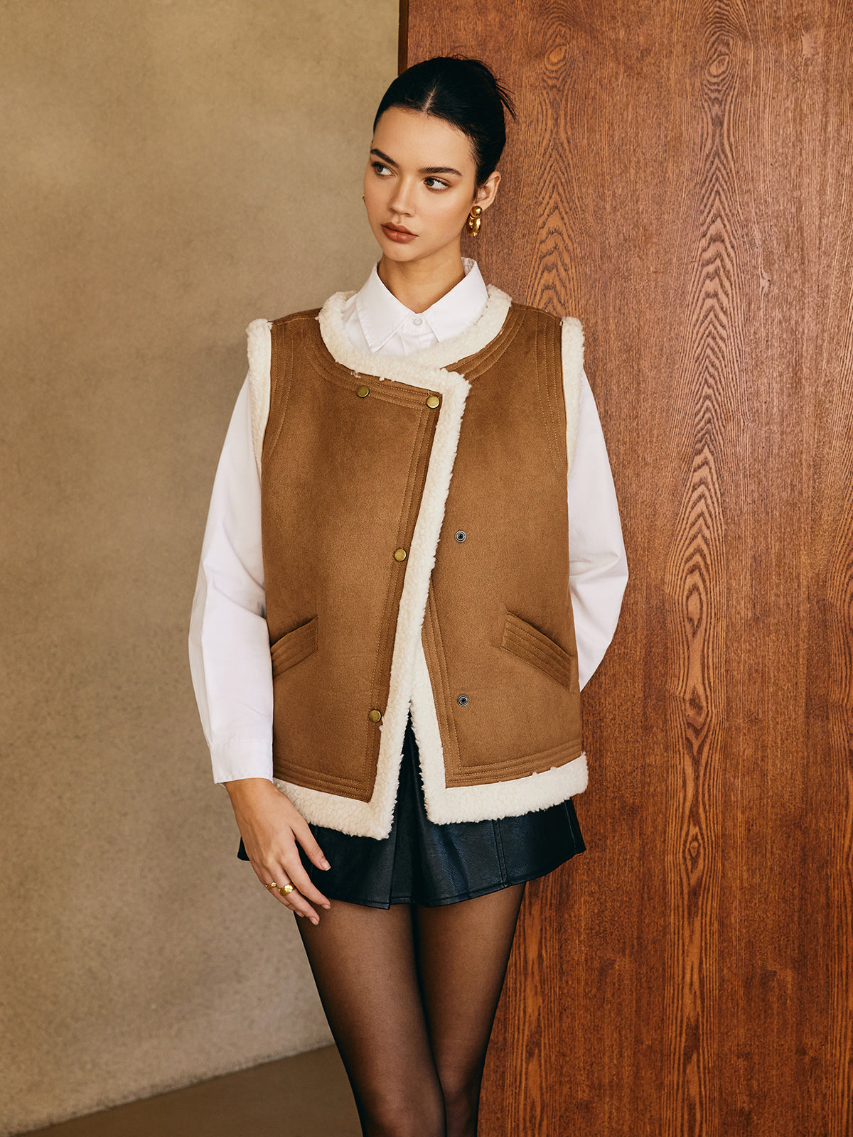 Minky Warm Faux Leather Vest Shine Aura