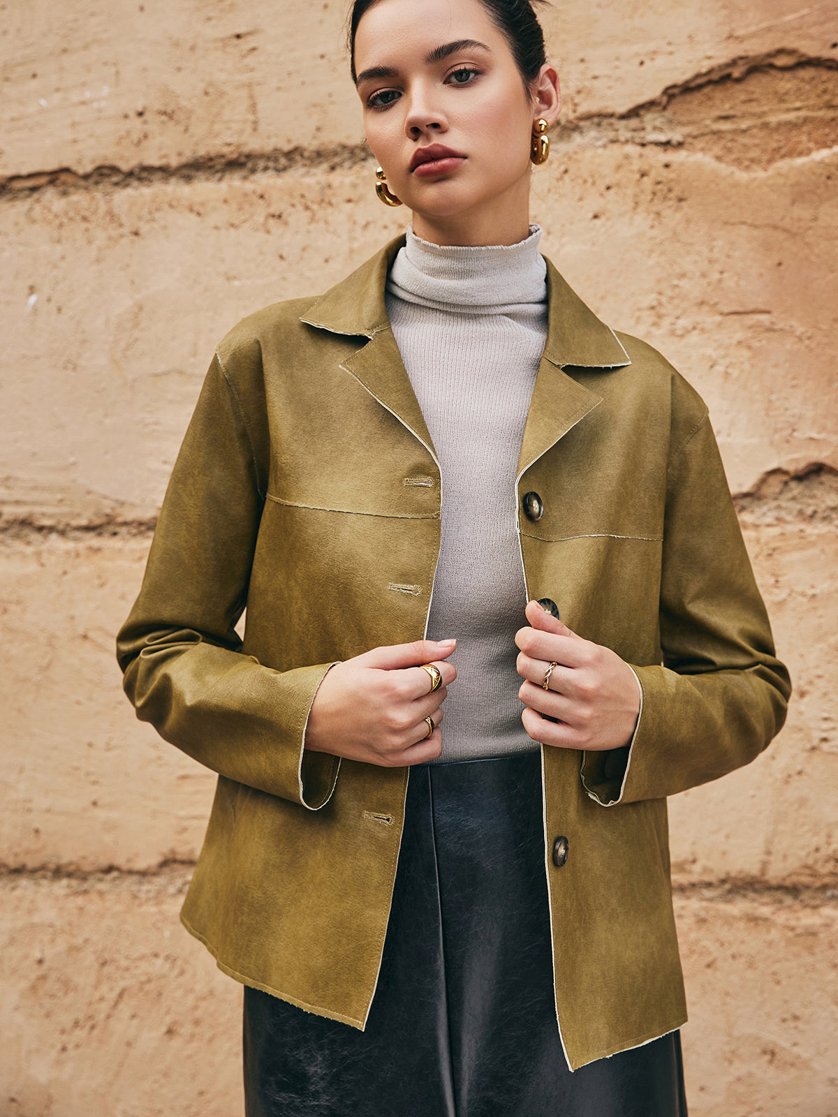 Bol PU Deri Düz Ceket Shine Aura