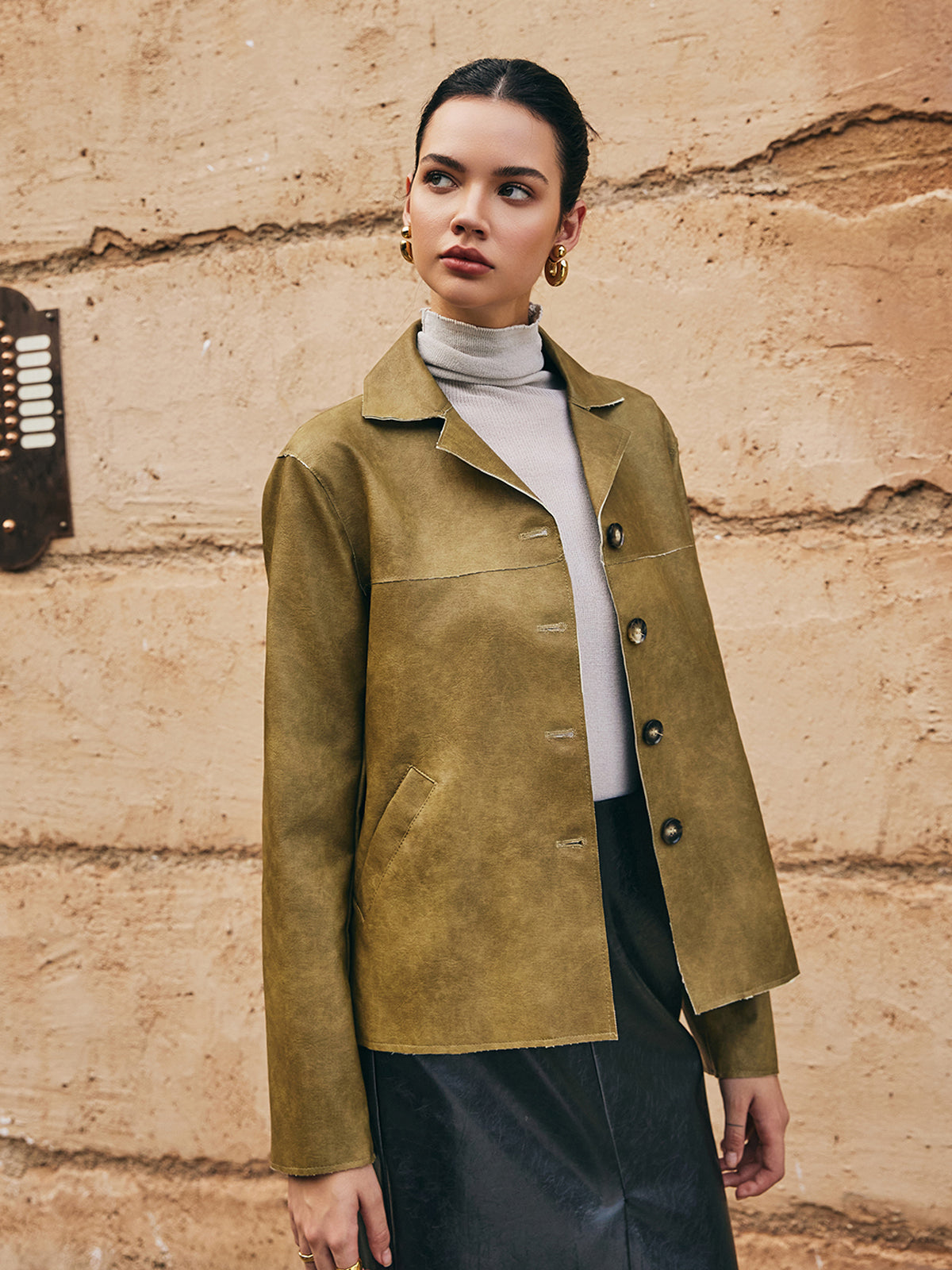 Bol PU Deri Düz Ceket Shine Aura