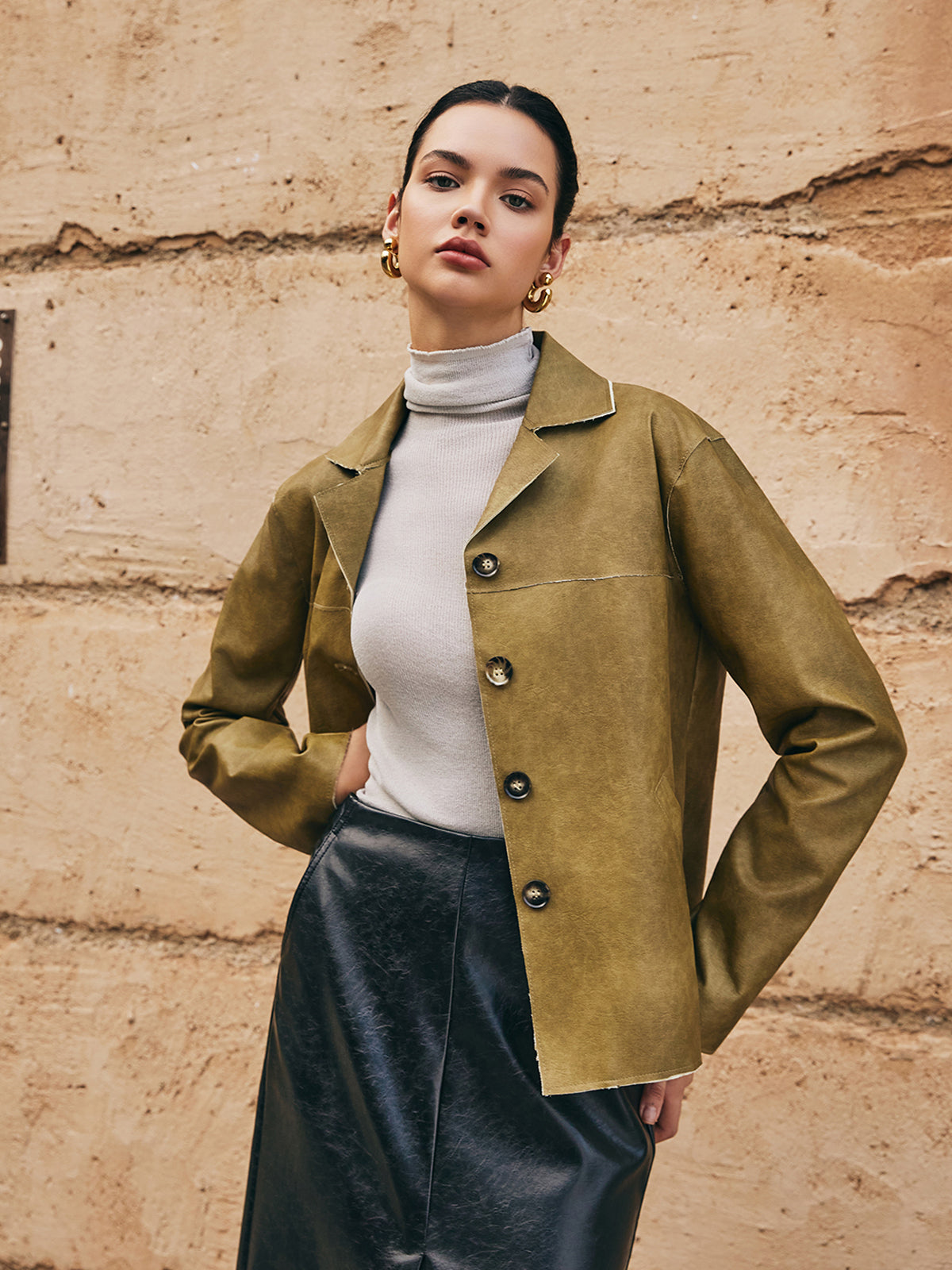 Bol PU Deri Düz Ceket Shine Aura