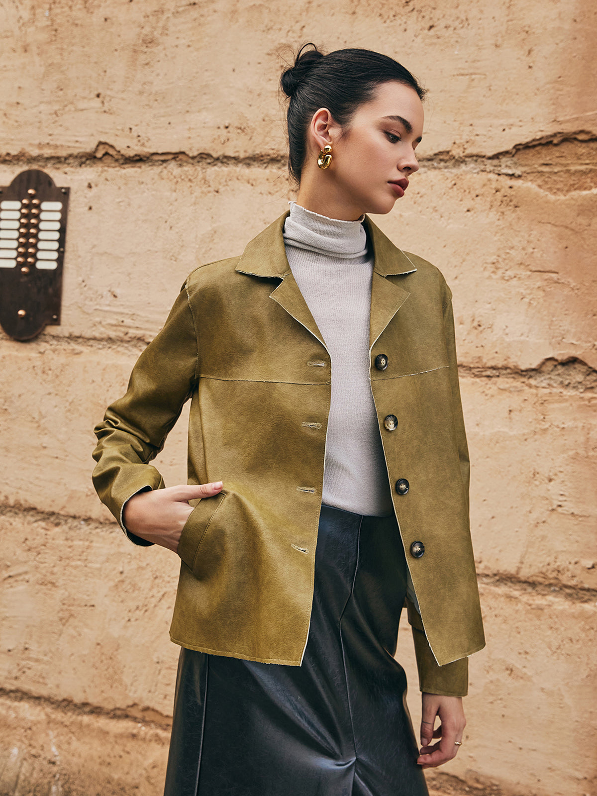 Bol PU Deri Düz Ceket Shine Aura