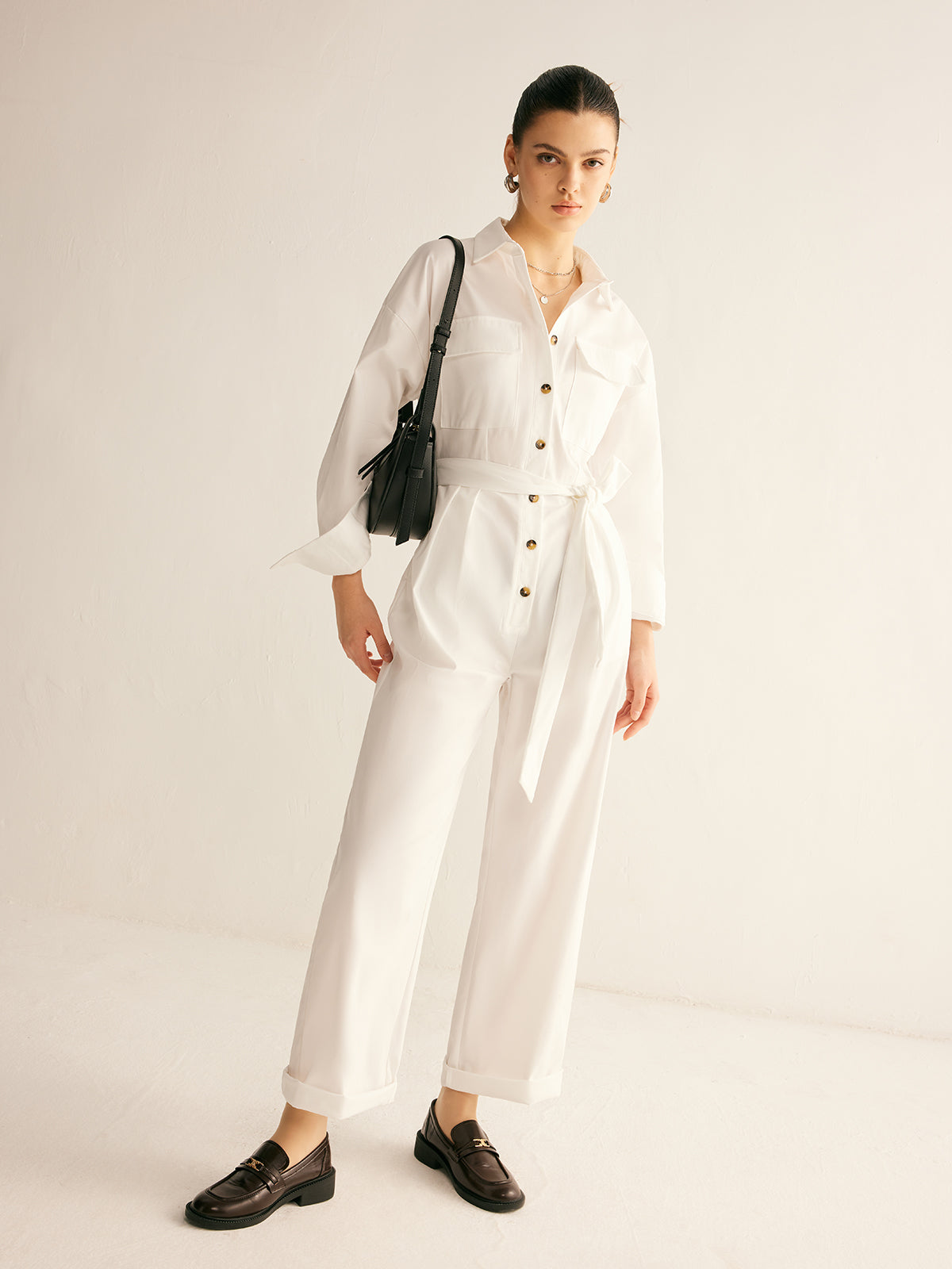 Minimalist Button Polo Jumpsuit With Belt Shine Aura