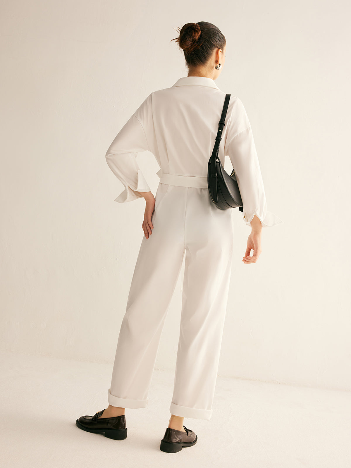 Minimalist Button Polo Jumpsuit With Belt Shine Aura