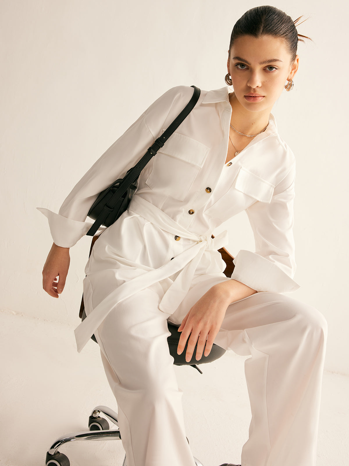 Minimalist Button Polo Jumpsuit With Belt Shine Aura
