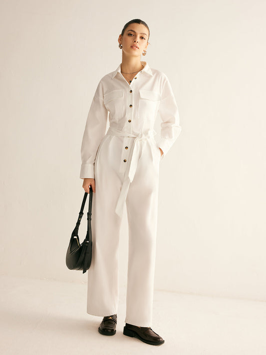 Minimalist Button Polo Jumpsuit With Belt Shine Aura