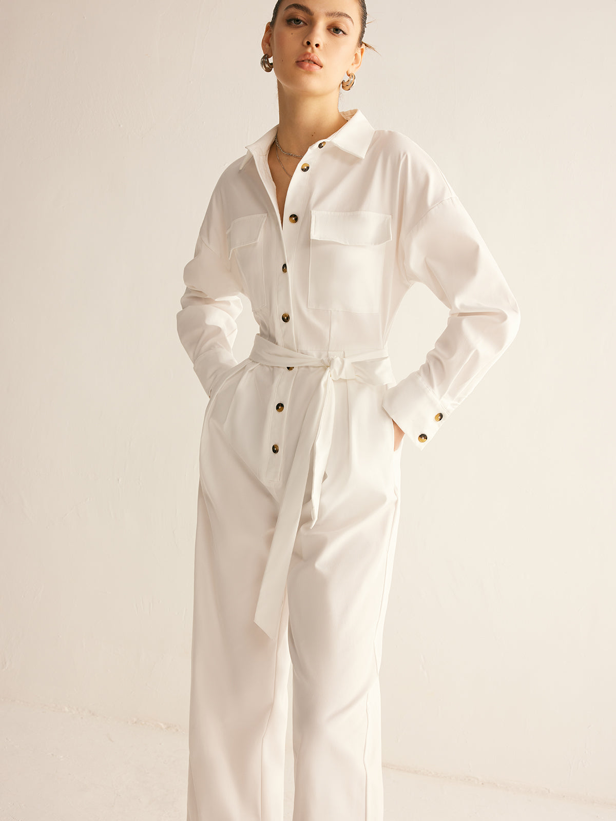 Minimalist Button Polo Jumpsuit With Belt Shine Aura