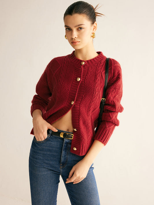 Round Neck Buttoned Wrap Cardigan 