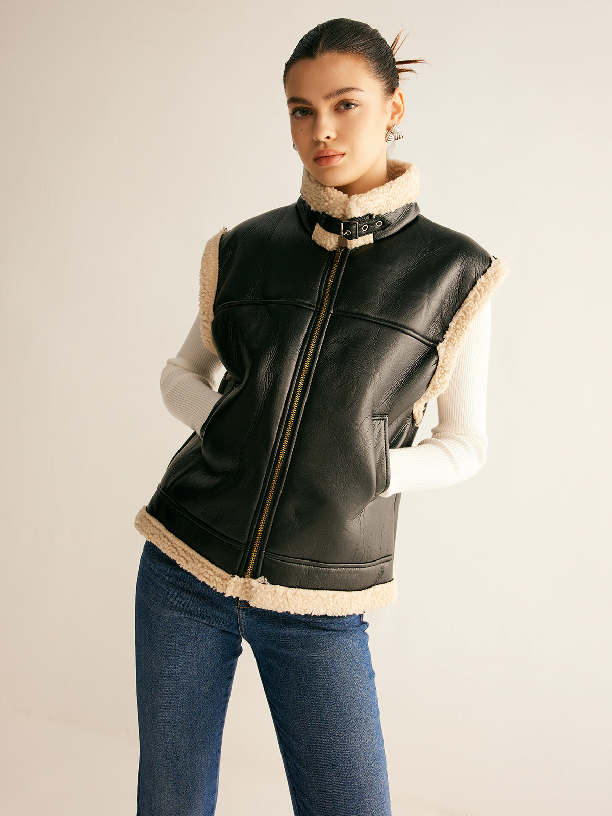 Teddy Lined PU Leather Vest Shine Aura