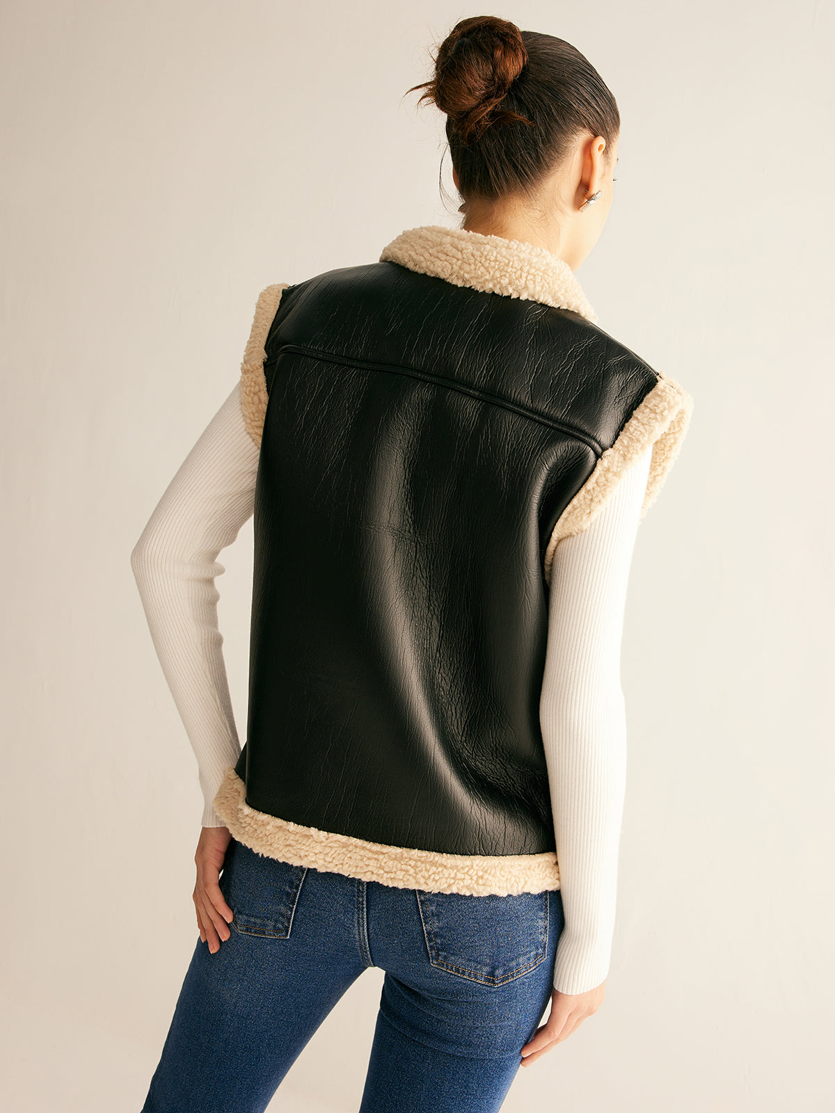 Teddy Lined PU Leather Vest Shine Aura