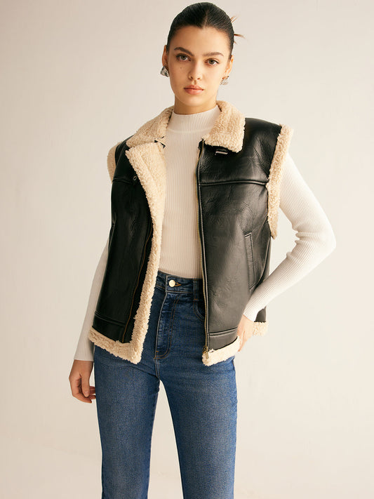 Teddy Lined PU Leather Vest Shine Aura
