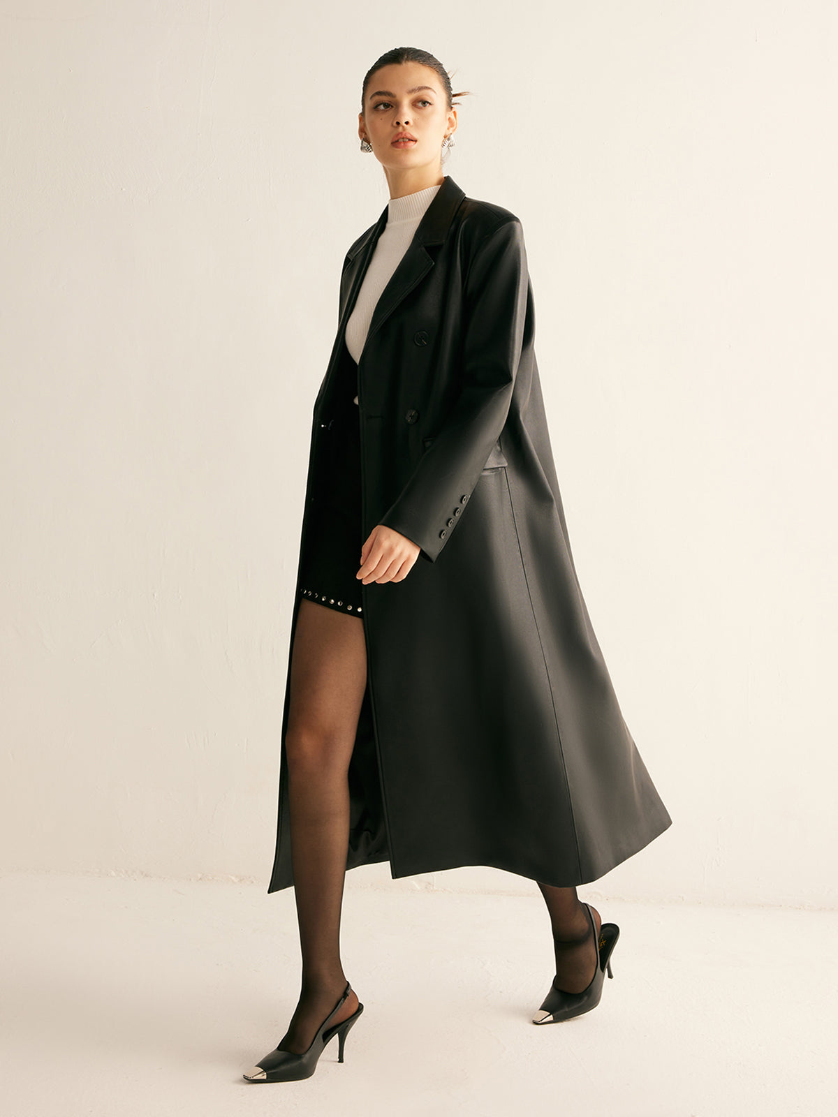 Sade Düğme Suni Deri Uzun Ceket Shine Aura