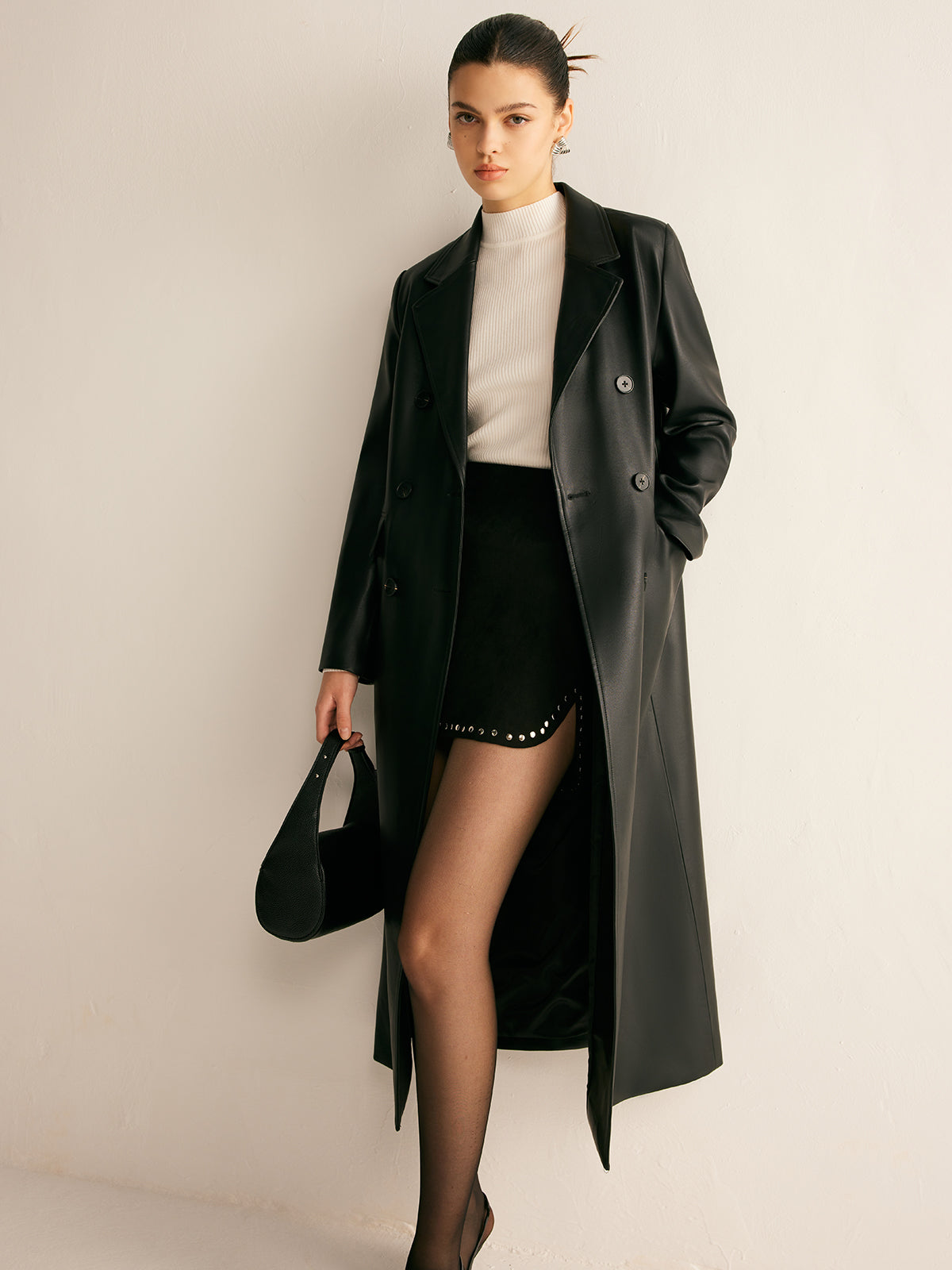 Sade Düğme Suni Deri Uzun Ceket Shine Aura