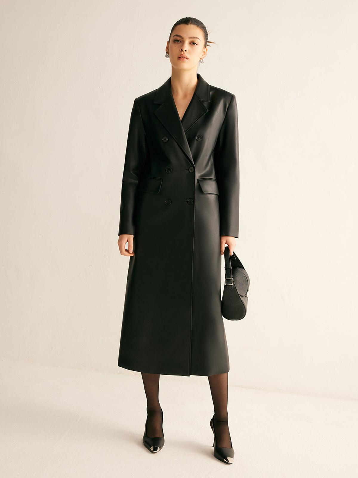 Sade Düğme Suni Deri Uzun Ceket Shine Aura