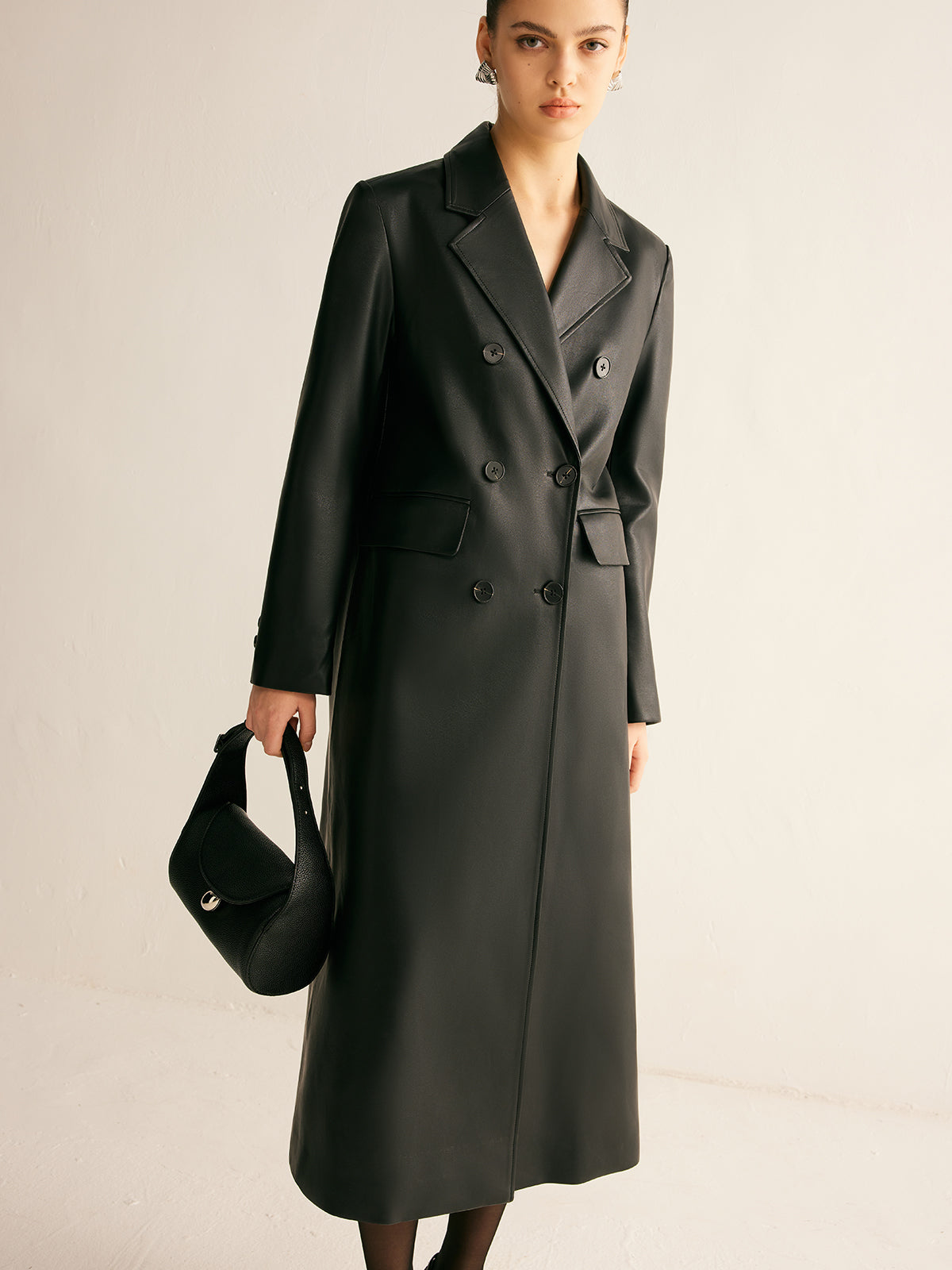 Sade Düğme Suni Deri Uzun Ceket Shine Aura