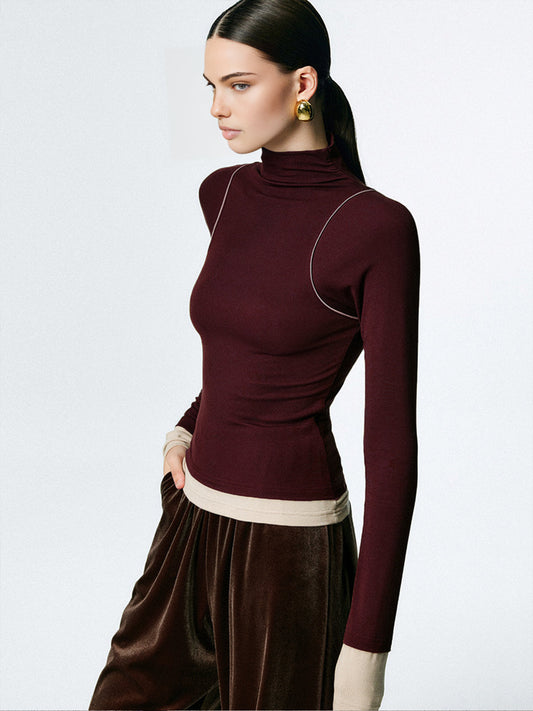 Mock Neck Contrast Binding Jersey Top Shine Aura