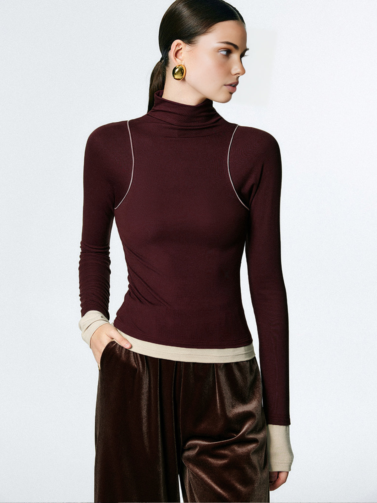 Mock Neck Contrast Binding Jersey Top Shine Aura