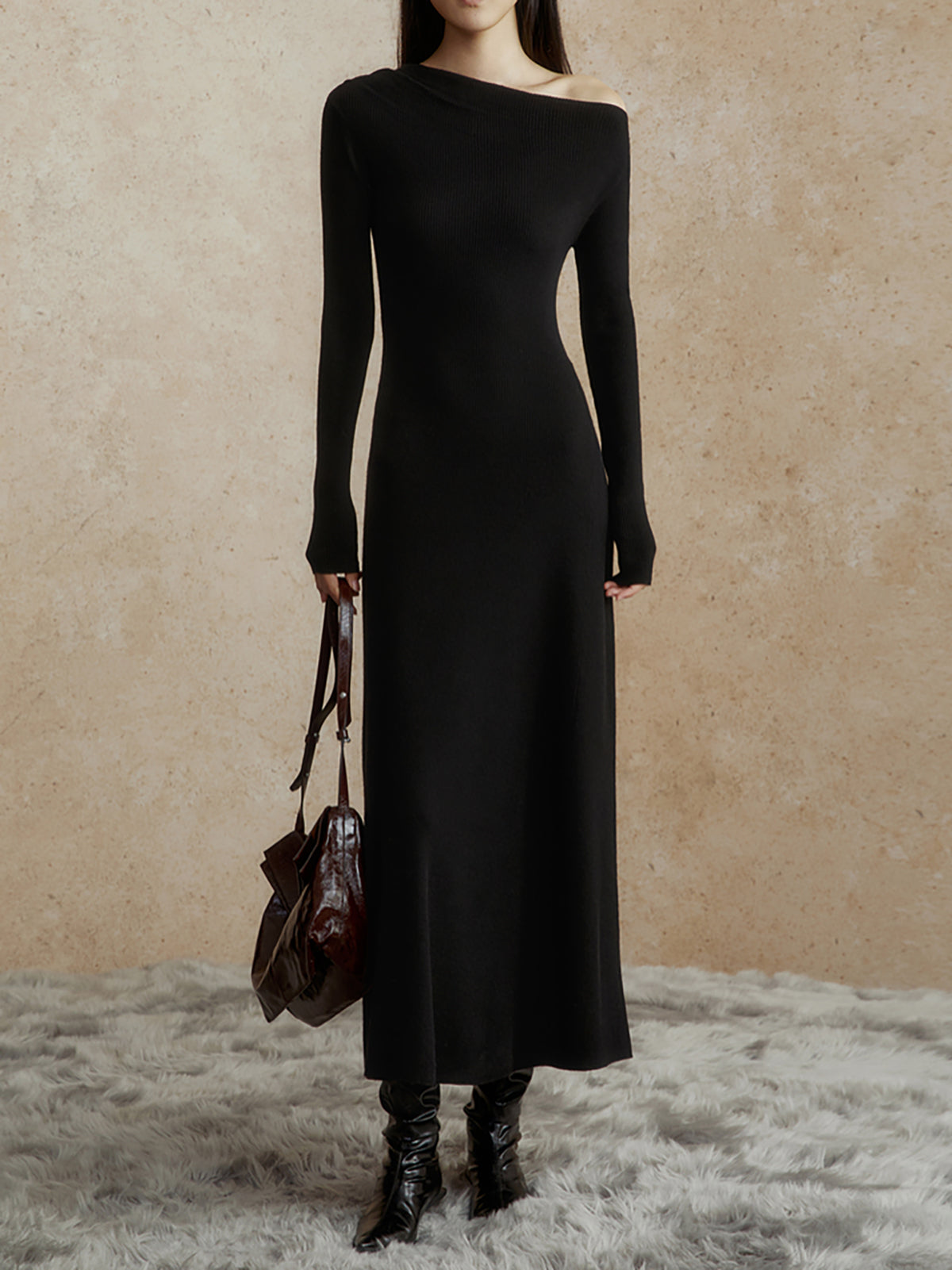 Asymmetrical Neck Slim Long Dress Shine Aura