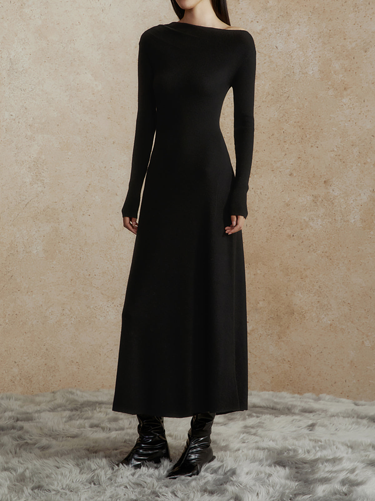 Asymmetrical Neck Slim Long Dress Shine Aura