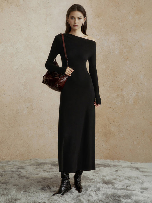Asymmetrical Neck Slim Long Dress Shine Aura