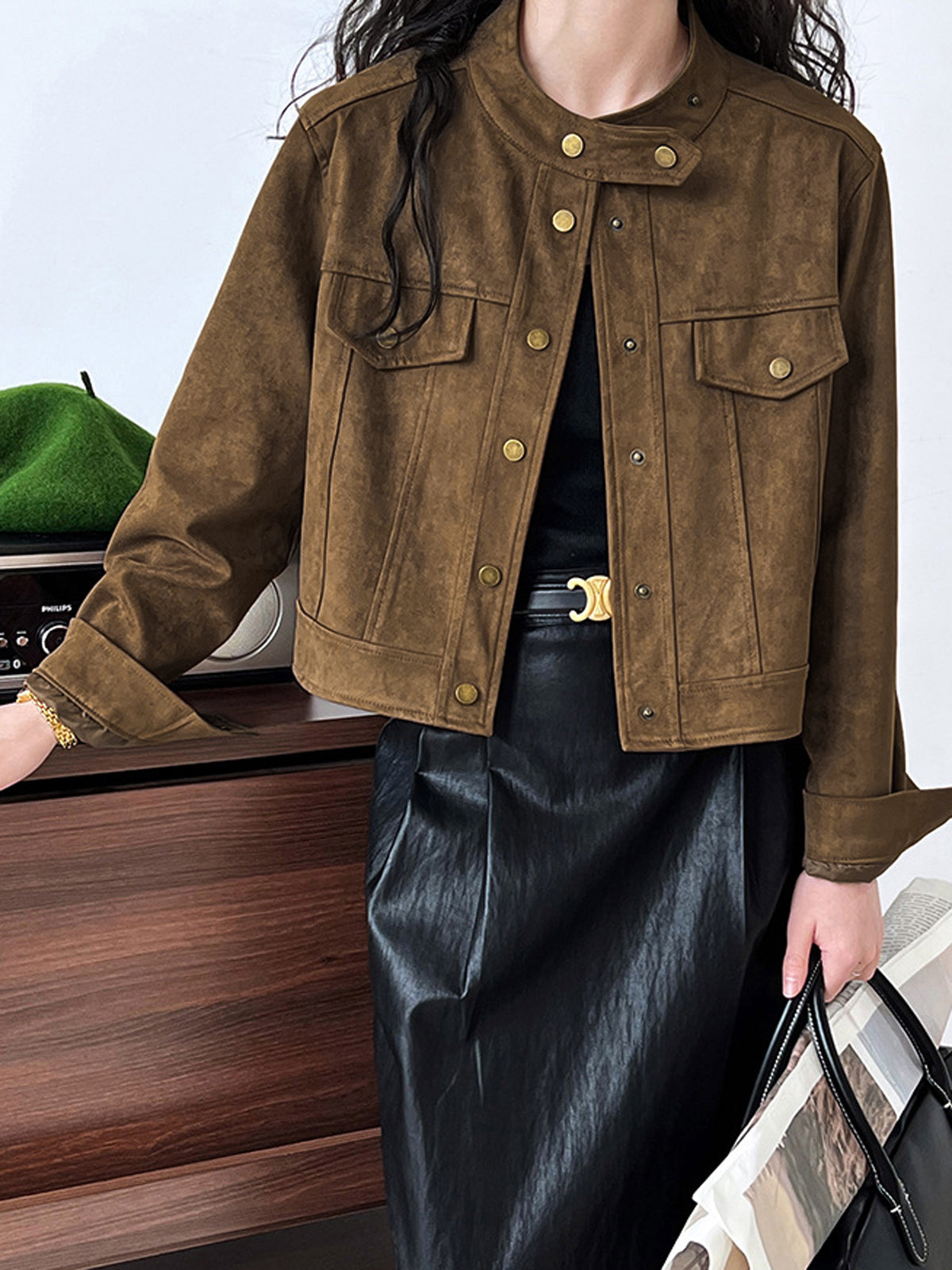 Süet Düğme Kısa Ceket Shine Aura