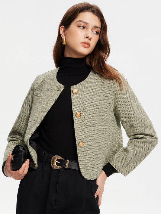 Round Neck Linen Jacket with Pockets 