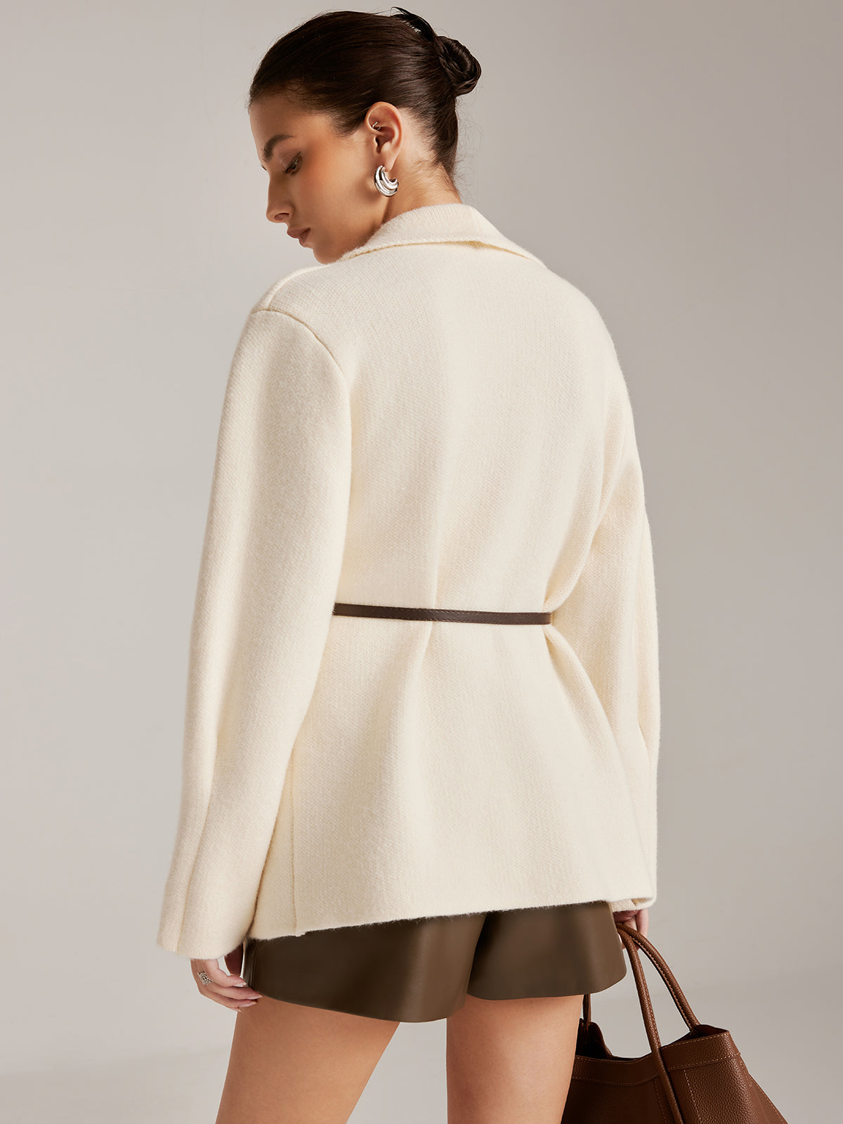 Asymmetrical Plain Belted Knit Outerwear Shine Aura