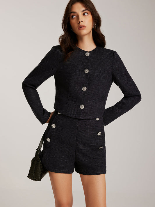 Düğmeli Kısa Tweed Blazer