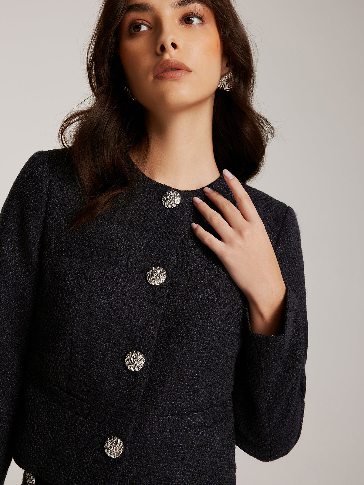 Düğmeli Kısa Tweed Blazer