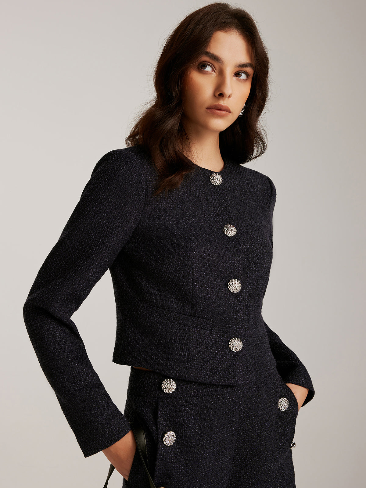 Düğmeli Kısa Tweed Blazer
