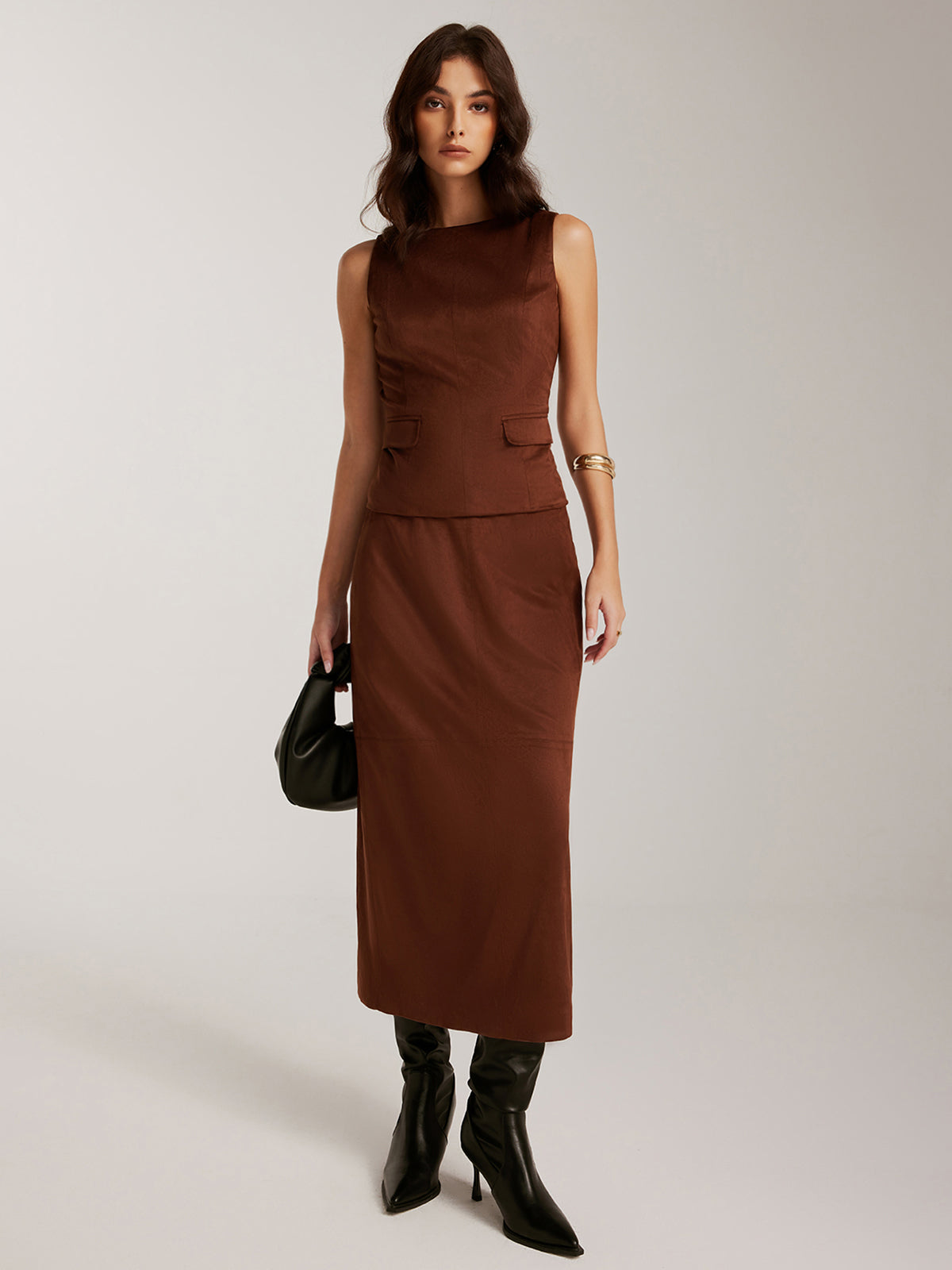 Arkası Yırtmaçlı Süet Fermuarlı Etek Shine Aura