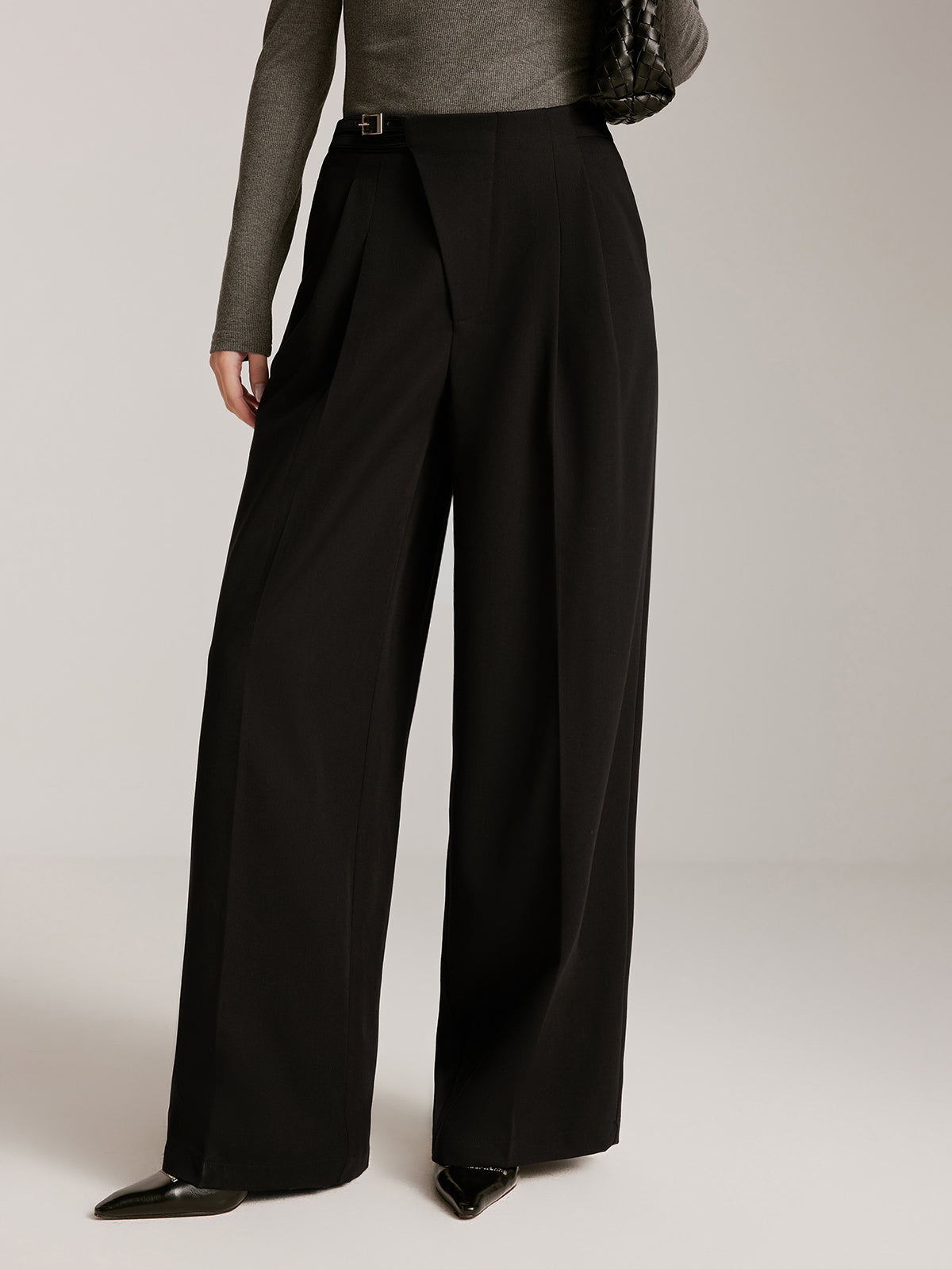 Asymmetrical Buckle Belted Pleated Pants Shine Aura