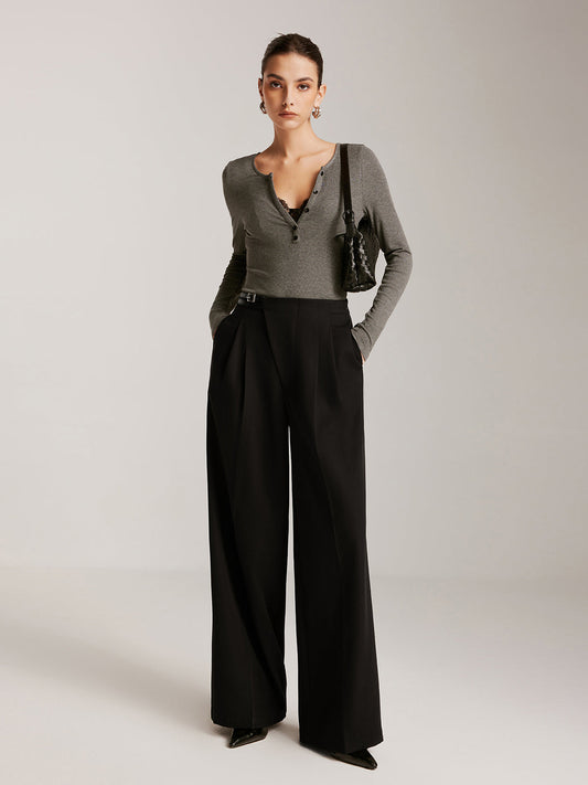 Asymmetrical Buckle Belted Pleated Pants Shine Aura