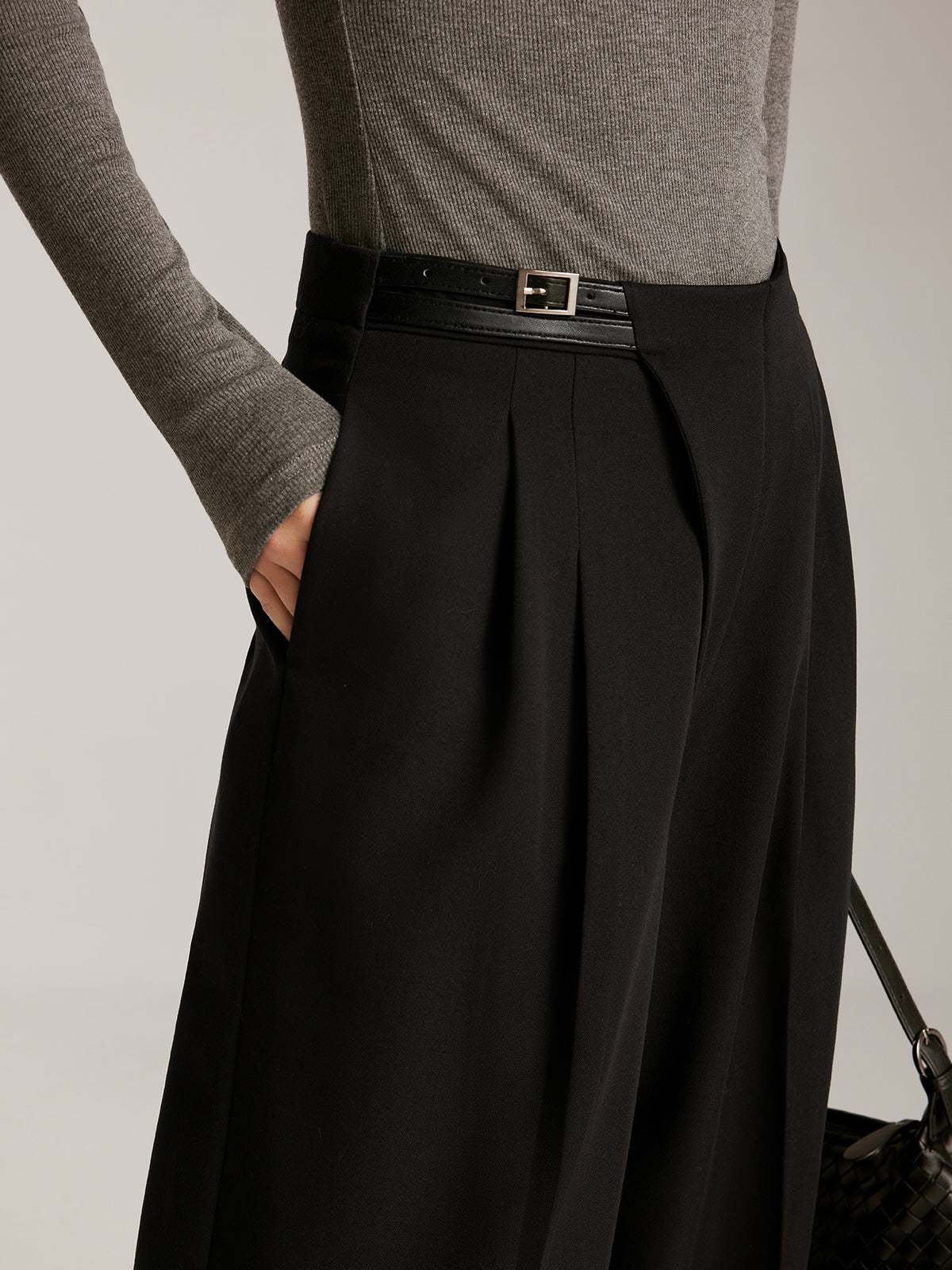 Asymmetrical Buckle Belted Pleated Pants Shine Aura