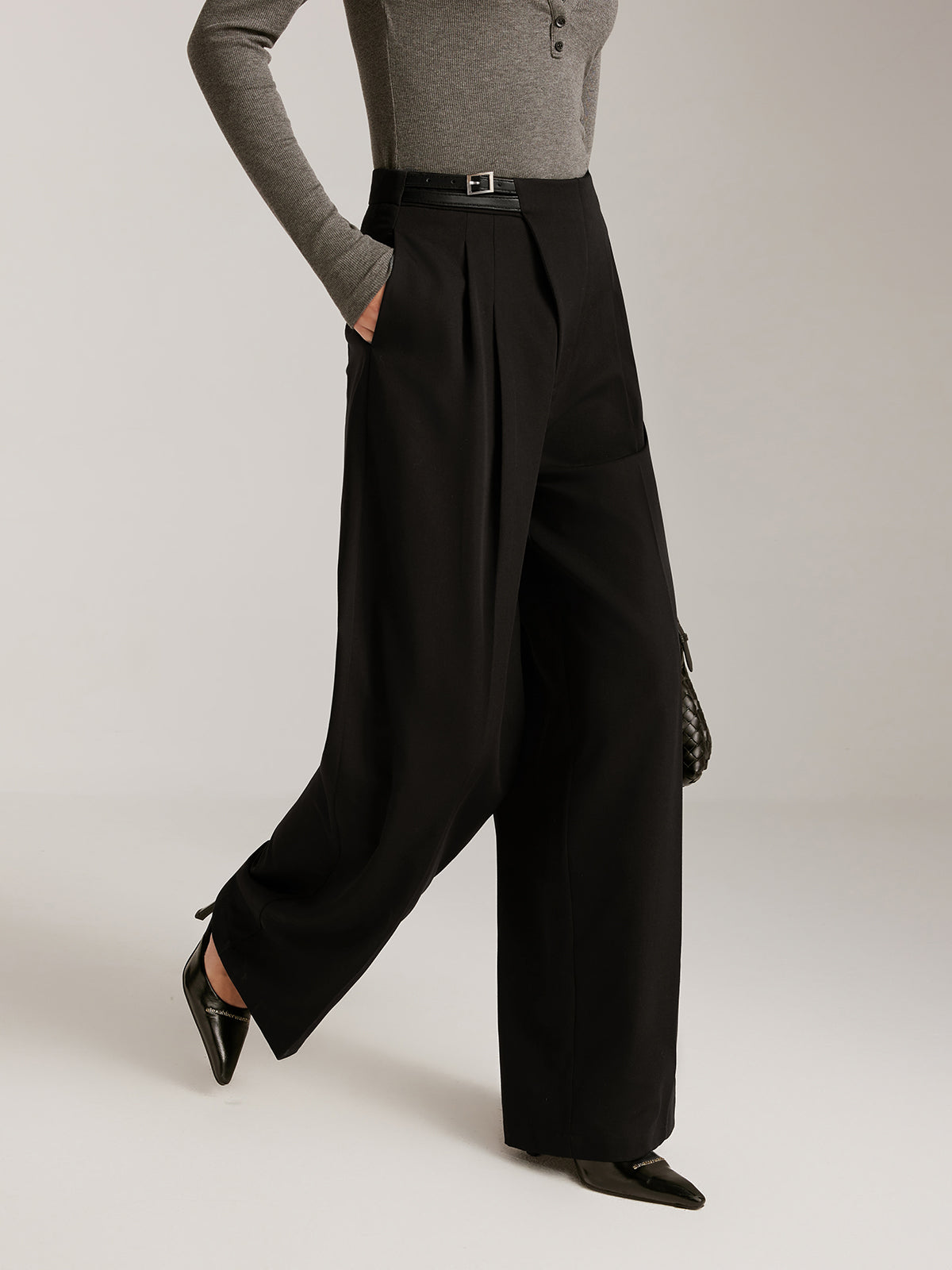 Asymmetrical Buckle Belted Pleated Pants Shine Aura