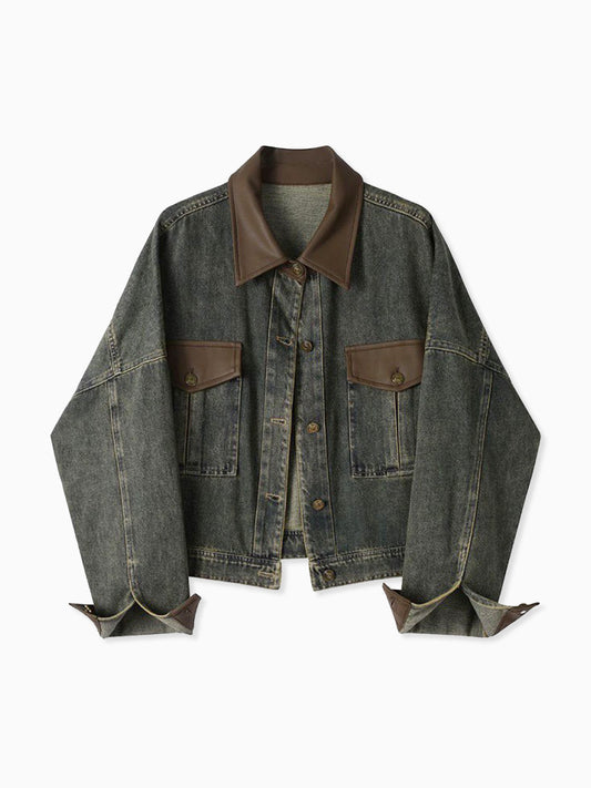 Vintage Contrast Trim Lapel Denim Jacket Shine Aura