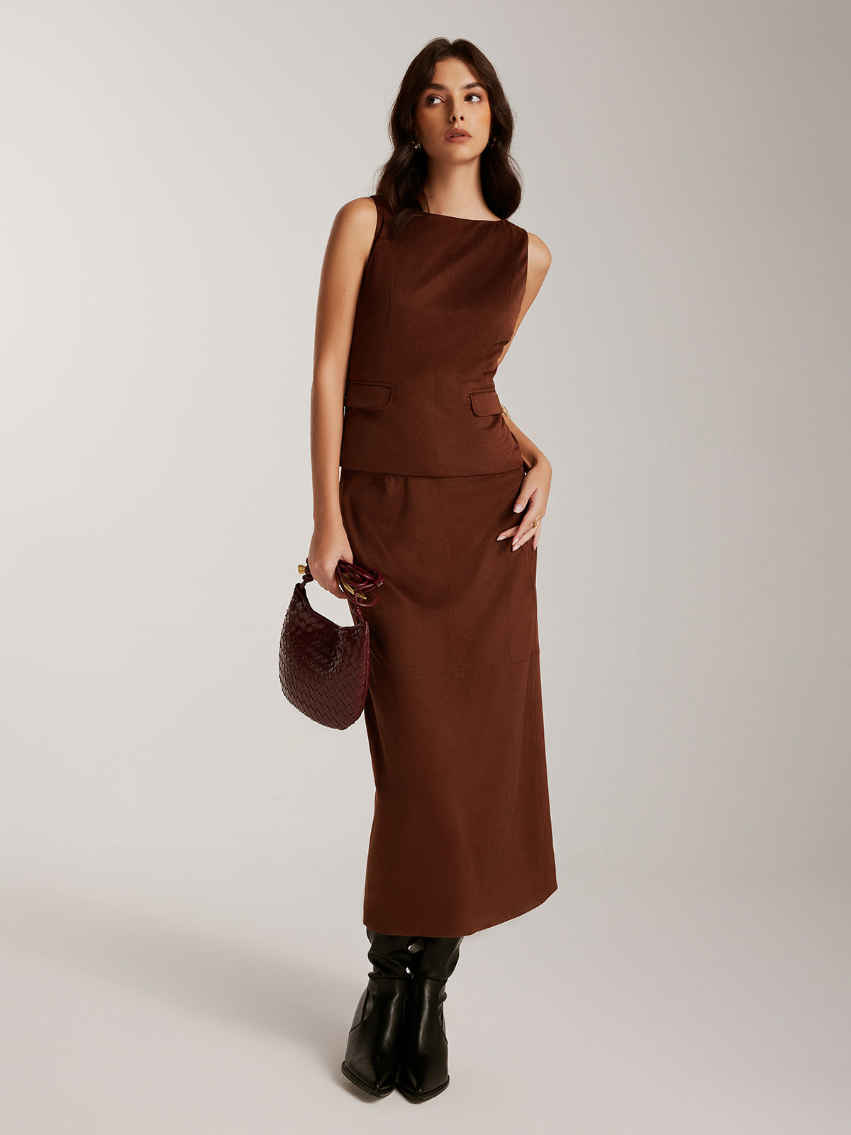 Arkası Yırtmaçlı Süet Fermuarlı Etek Shine Aura