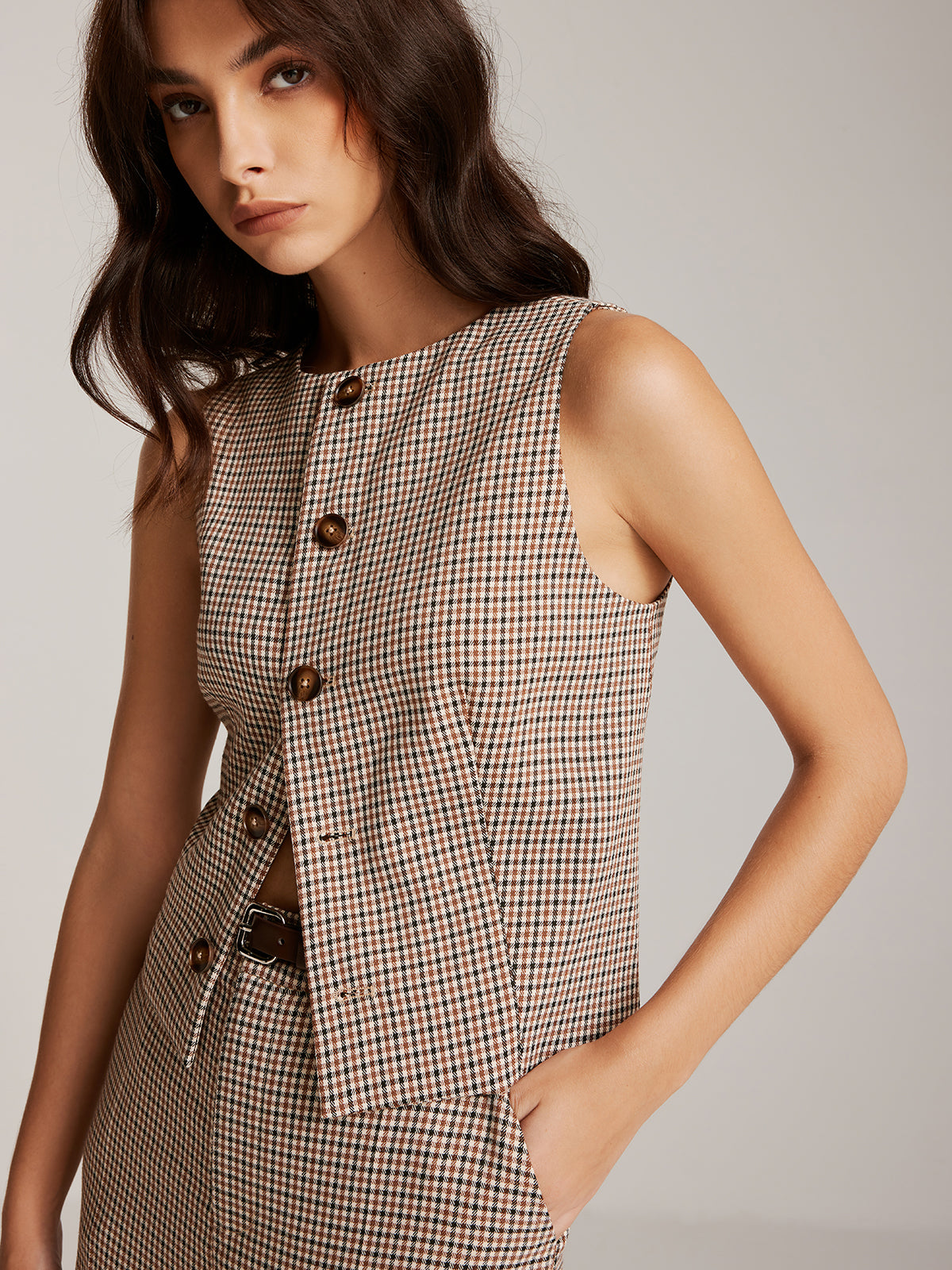 Elegant Plaid Button Vest Shine Aura
