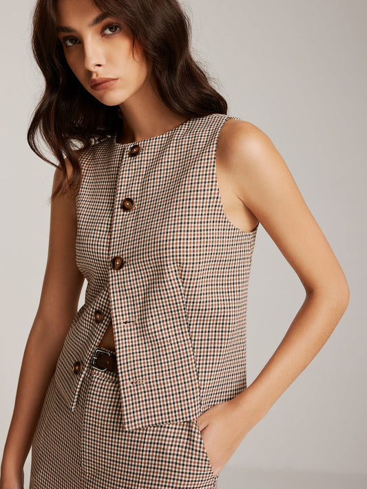 Elegant Plaid Button Vest Shine Aura