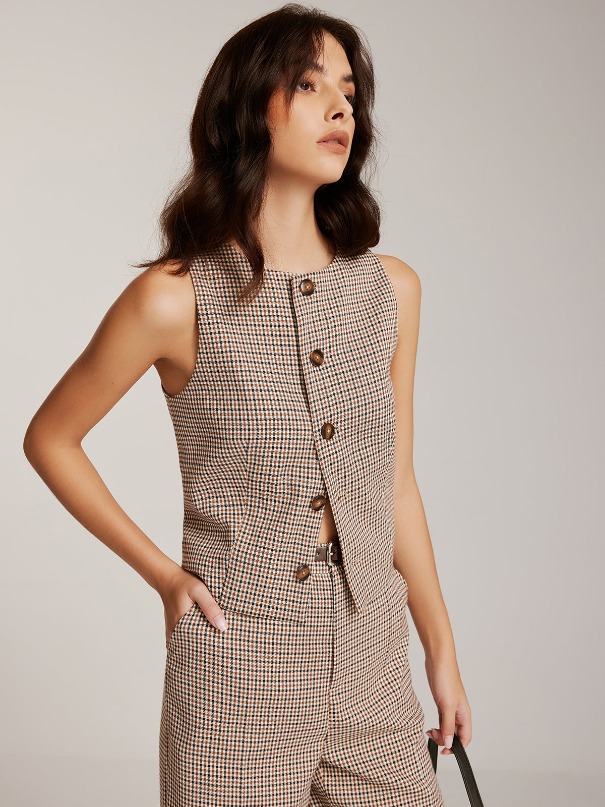 Elegant Plaid Button Vest Shine Aura