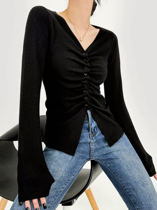 Elegant Button Pleated Knit Top Shine Aura