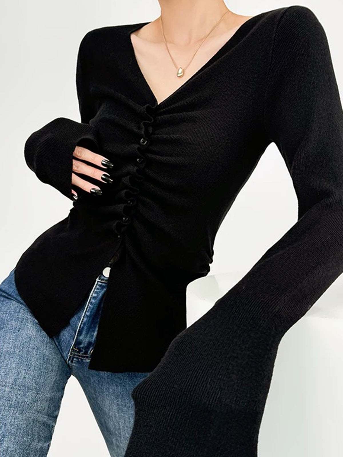 Elegant Button Pleated Knit Top Shine Aura