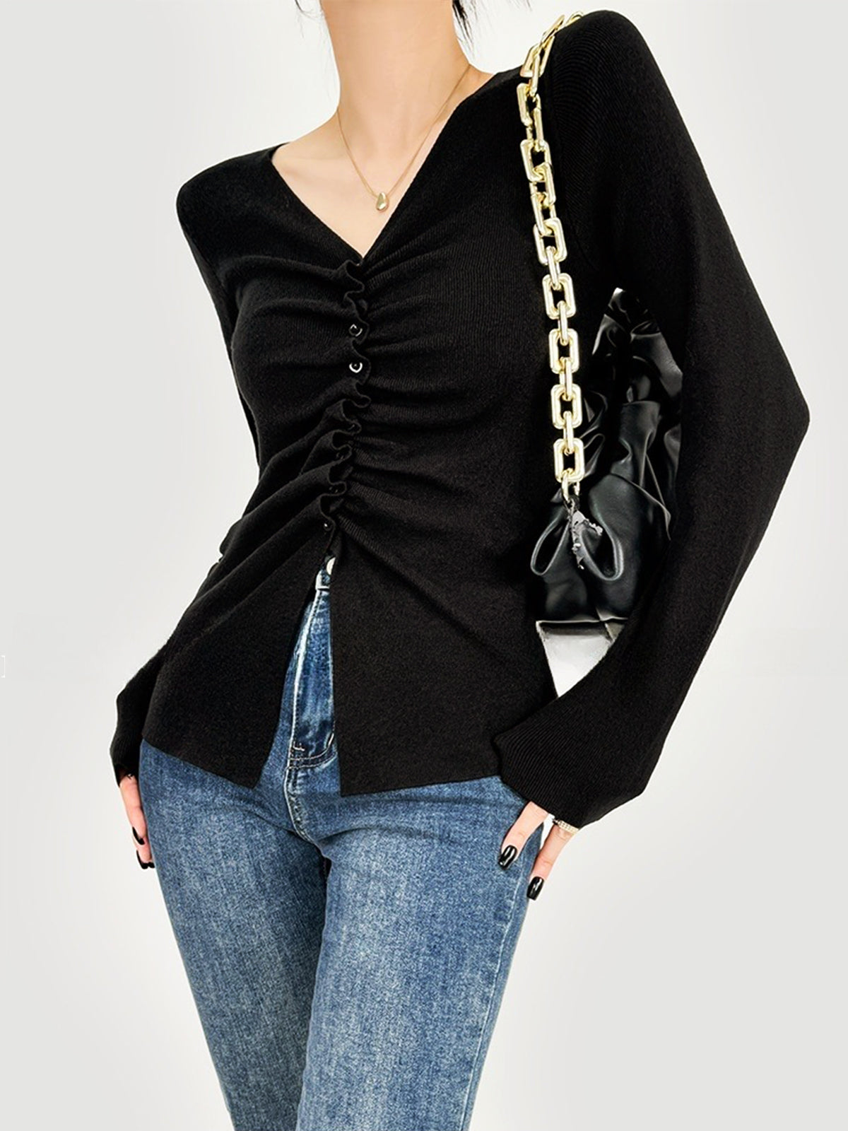 Elegant Button Pleated Knit Top Shine Aura