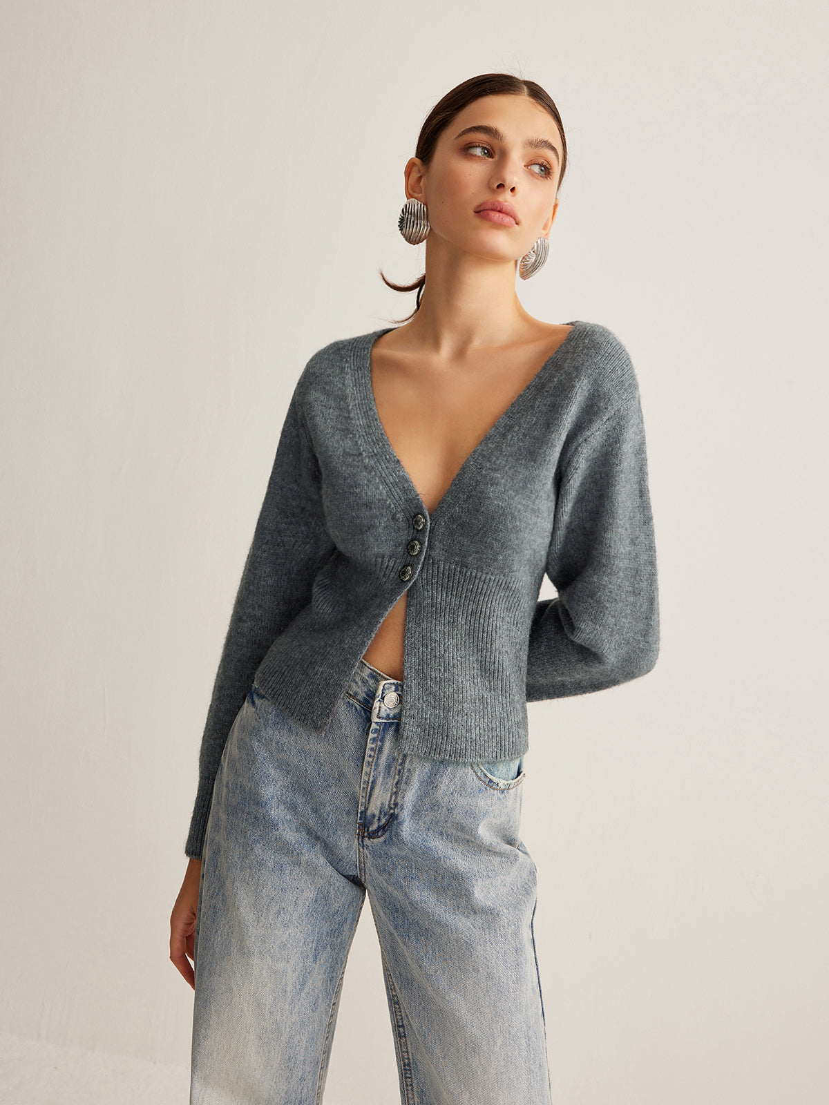 V-Neck Ribbed Split Slim Cardigan Shine Aura