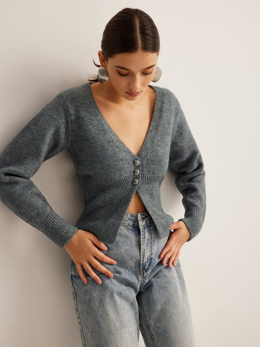 V-Neck Ribbed Split Slim Cardigan Shine Aura
