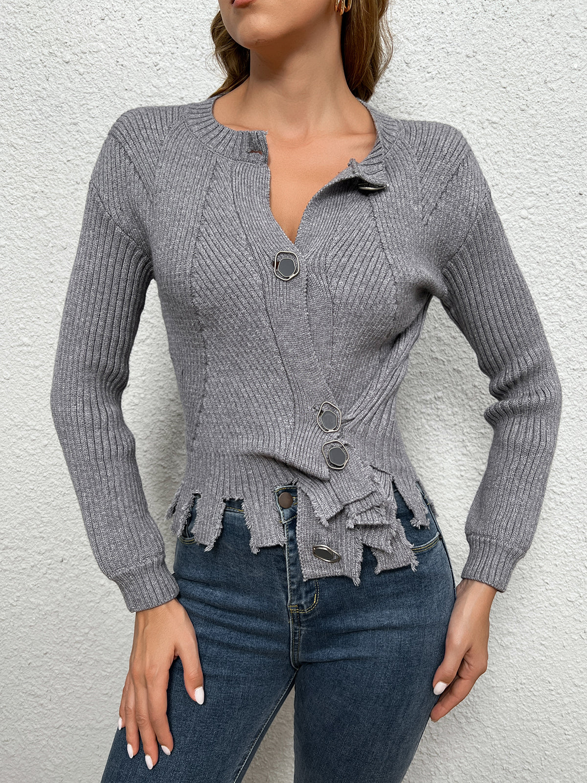 Asymmetrical Tassel Button Knit Top Shine Aura