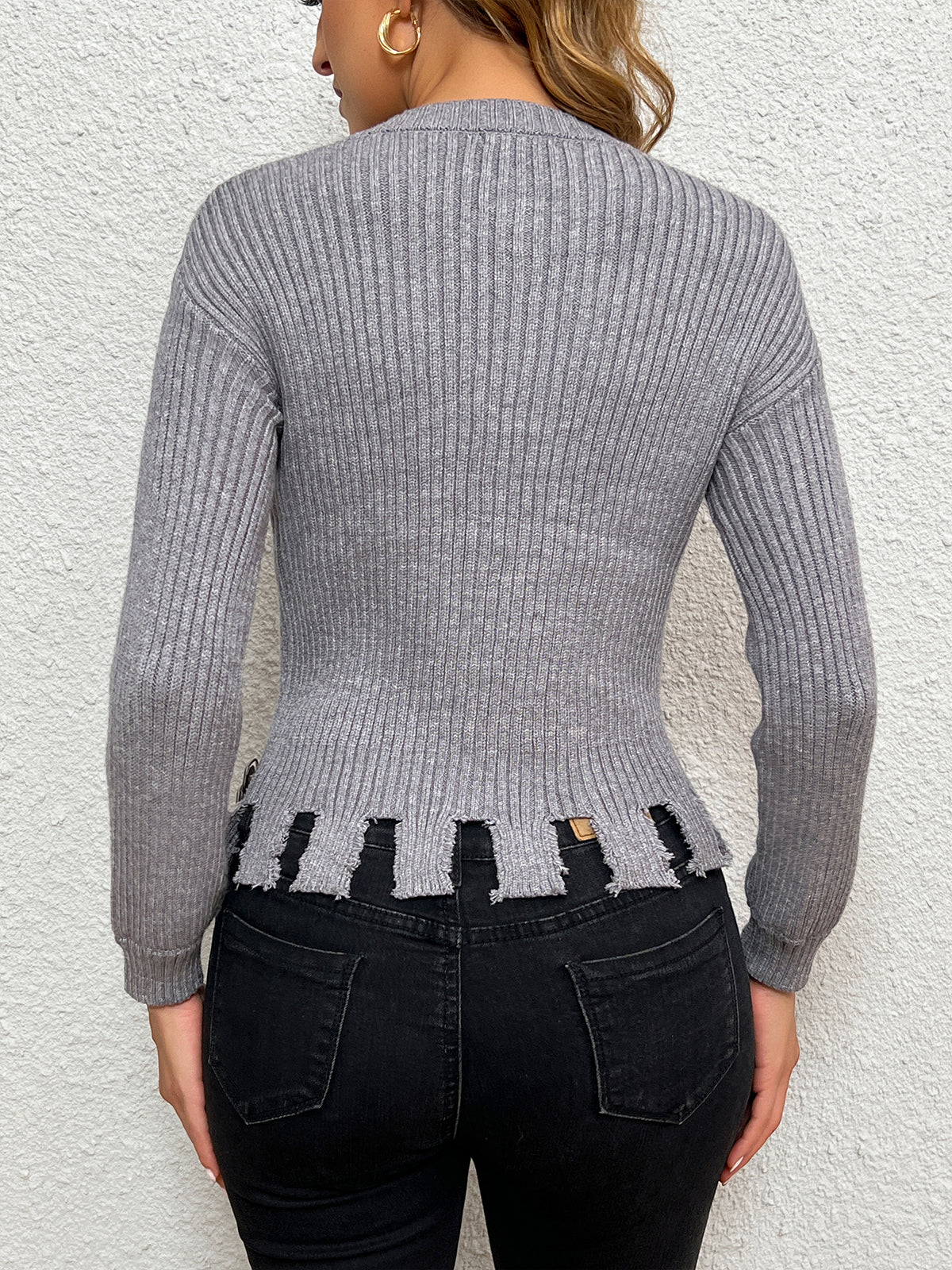 Asymmetrical Tassel Button Knit Top Shine Aura